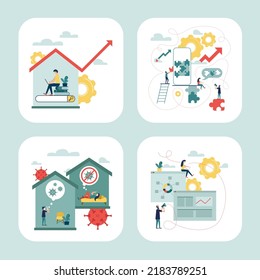 Set of four business illustrations. Internet search. Work during self-isolation. Solving business problems