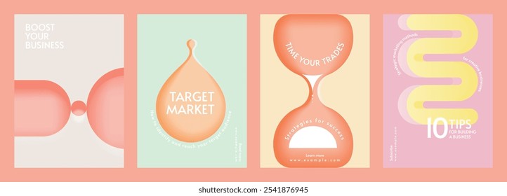 Set of four business posters with abstract designs. Keywords: business, abstract, design. Includes hourglass, target, and tips. Vibrant colors, modern style. Retro pastel branding template vector set.