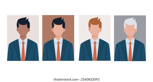 A set of four businessman avatars in a professional suit and tie, showcasing different hairstyles and hair colors. Ideal for profile icons, corporate designs, And team illustrations.