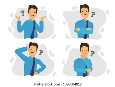 Set of four Businessman in blue suite showing different gestures character. Vector illustration flat design.