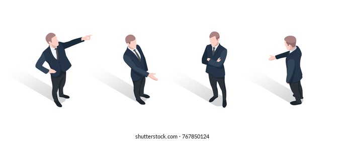 Set of four businessmen, handshake, man points with his finger, concentrated man folds his arms, isometric people vector 3d illustration isolated on white background