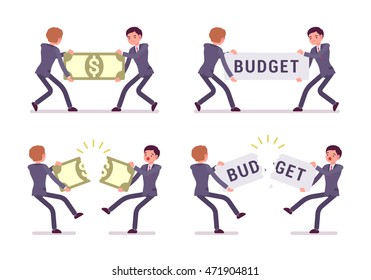 Set of four businessmen pairs in a formal wear pulling and tearing a papernote and a word budget. Cartoon vector flat-style illustration