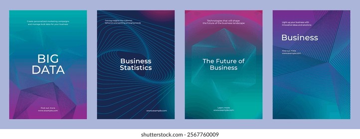 Set of four business-themed posters with abstract designs. Business, statistics. Vibrant colors enhance the business. Modern business style. Digital business and big data template vector set.