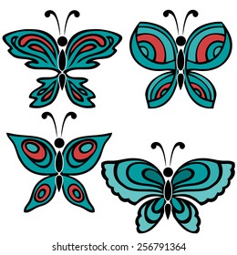 A set of four butterflies in aquamarine and red color with black contour on the white background