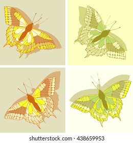 a set of four butterfly illustrations in lemon yellow, green and sepia shades