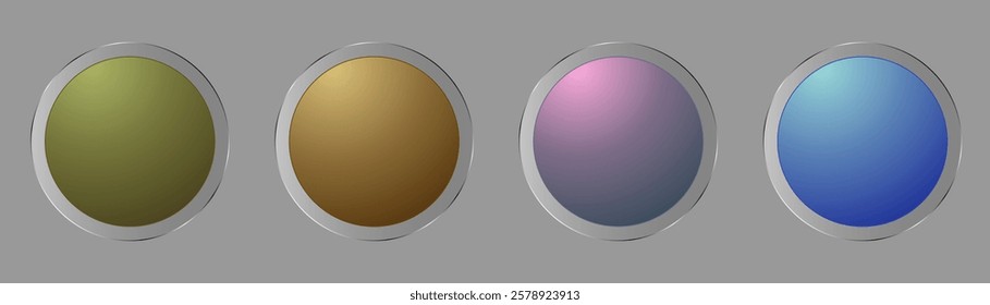 Set of four buttons in green, gold, pink and blue tones with chrome borders on a gray background.  Suitable for user interface design or decorative digital projects. Vector illustration.