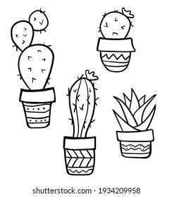 A set of four cacti with flowers and thorns in a pot in a sketch style. Cute funny illustration.