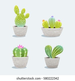 Set of four cactus in flower pot. Home plants. Vector Illustration