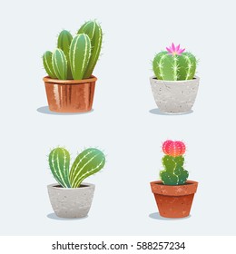 Set of four cactus in flower pot. Home plants. Vector Illustration