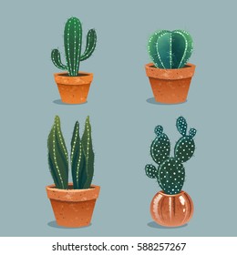 Juego de cuatro cactus en maceta de flores. Plantas domésticas. Ilustración vectorial