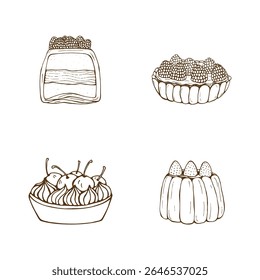 Conjunto de quatro bolos com bagas. Imagem vetorial desenhada à mão.