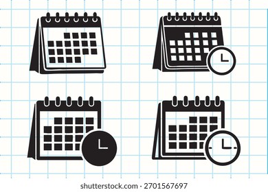 Um conjunto de quatro ícones de calendário, cada um com um símbolo de relógio indicando a hora. Esses ícones são úteis para representar conceitos relacionados a programação, prazos e gerenciamento de tempo em vários contextos.