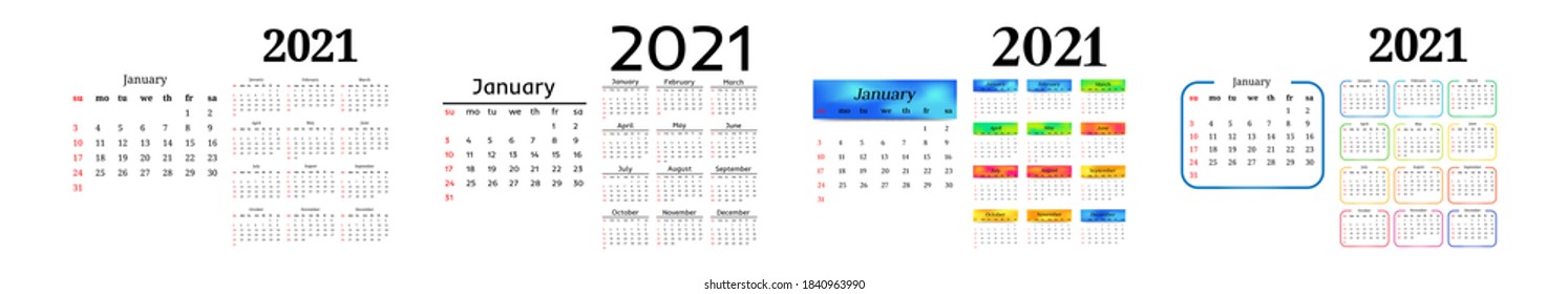 Set of four calendars for 2021 isolated on a white background. Sunday to Monday, business template. Vector illustration