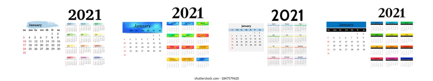 Set of four calendars for 2021 isolated on a white background. Sunday to Monday, business template. Vector illustration