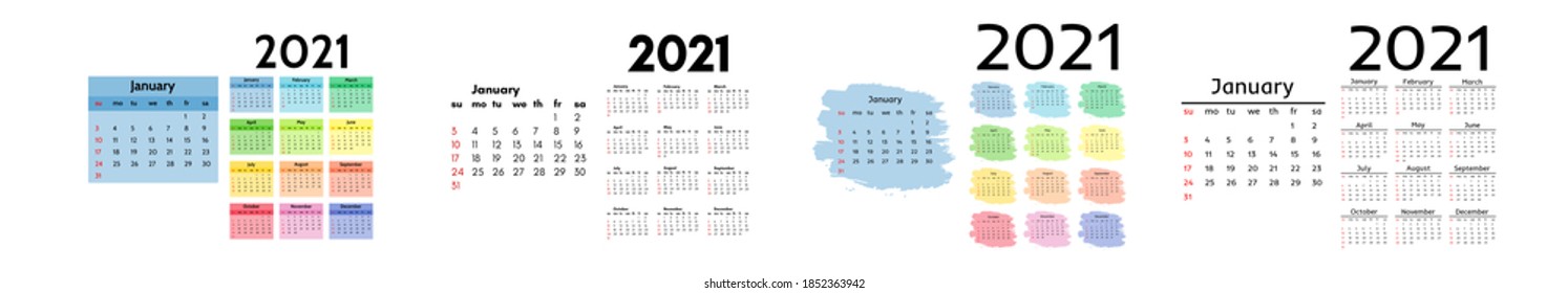 Set of four calendars for 2021 isolated on a white background. Sunday to Monday, business template. Vector illustration