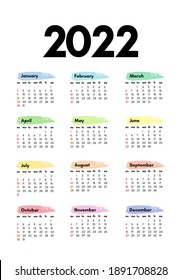 Conjunto de cuatro calendarios para 2022 aislados en un fondo blanco. De domingo a lunes, plantilla de negocios. Ilustración del vector