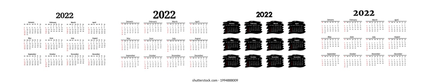 Set of four calendars for 2022 isolated on a white background. Sunday to Monday, business template. Vector illustration