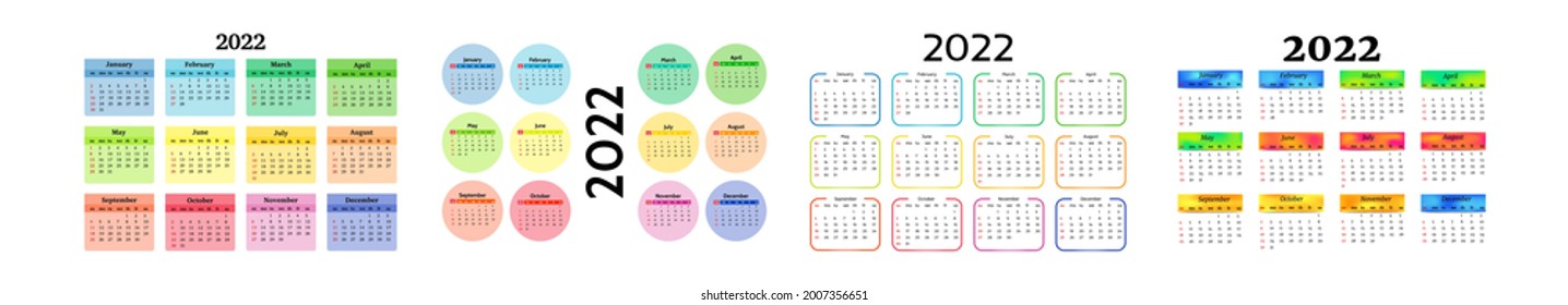 Set of four calendars for 2022 isolated on a white background. Sunday to Monday, business template. Vector illustration