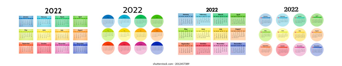 Set of four calendars for 2022 isolated on a white background. Sunday to Monday, business template. Vector illustration