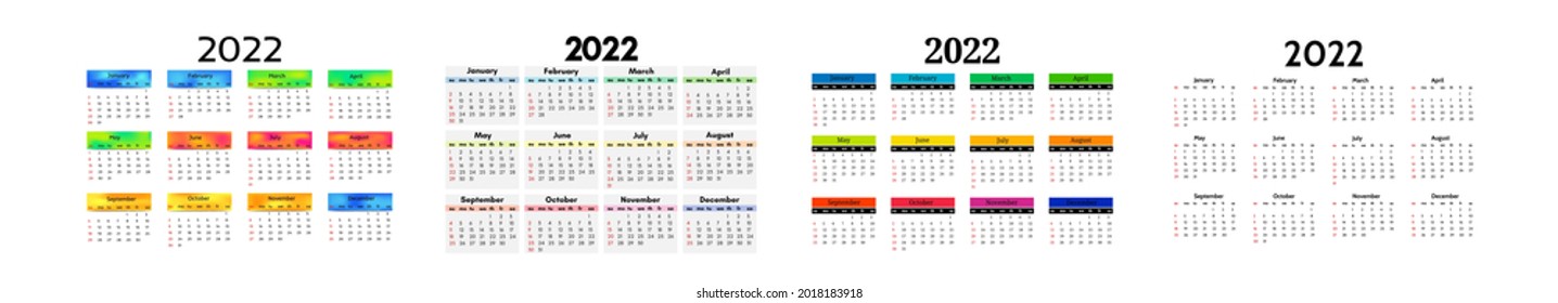 Set of four calendars for 2022 isolated on a white background. Sunday to Monday, business template. Vector illustration