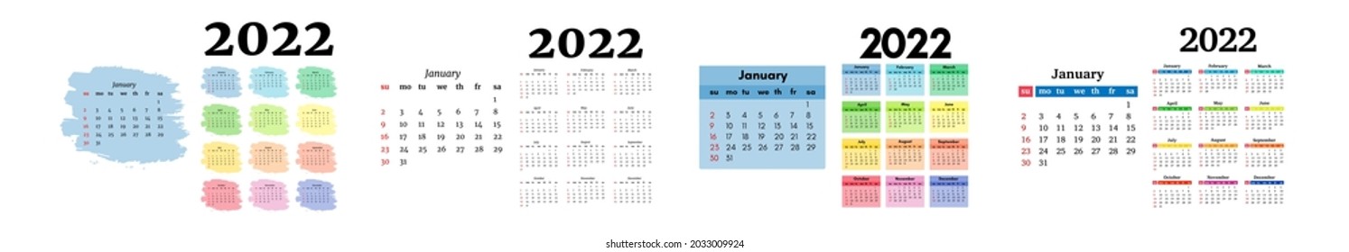 Set of four calendars for 2022 isolated on a white background. Sunday to Monday, business template. Vector illustration