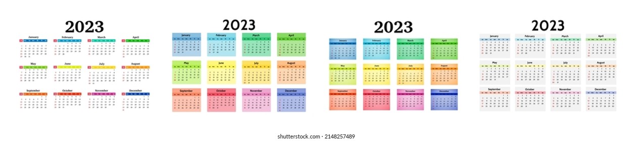 Conjunto de cuatro calendarios para 2023 aislados en un fondo blanco. De domingo a lunes, plantilla de negocios. Ilustración del vector