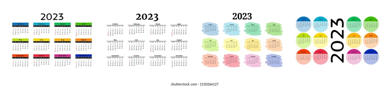 Set of four calendars for 2023 isolated on a white background. Sunday to Monday, business template. Vector illustration