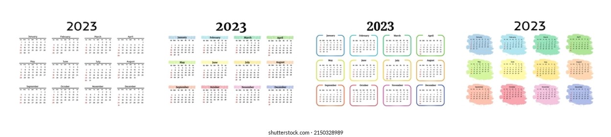 Satz von vier Kalender für 2023 einzeln auf weißem Hintergrund. Von Sonntag bis Montag, Geschäftsvorlage. Vektorgrafik