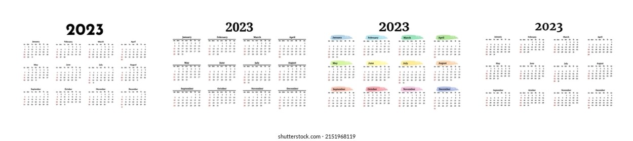 Set of four calendars for 2023 isolated on a white background. Sunday to Monday, business template. Vector illustration