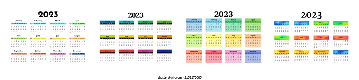 Satz von vier Kalender für 2023 einzeln auf weißem Hintergrund. Von Sonntag bis Montag, Geschäftsvorlage. Vektorgrafik