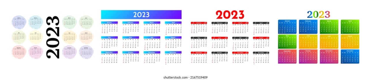 Set of four calendars for 2023 isolated on a white background. Sunday to Monday, business template. Vector illustration