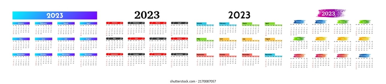Set of four calendars for 2023 isolated on a white background. Sunday to Monday, business template. Vector illustration