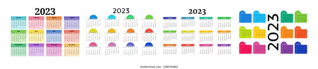 Set of four calendars for 2023 isolated on a white background. Sunday to Monday, business template. Vector illustration