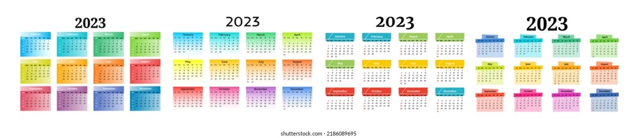 Set of four calendars for 2023 isolated on a white background. Sunday to Monday, business template. Vector illustration