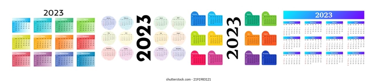 Set of four calendars for 2023 isolated on a white background. Sunday to Monday, business template. Vector illustration