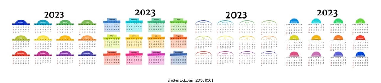 Set of four calendars for 2023 isolated on a white background. Sunday to Monday, business template. Vector illustration