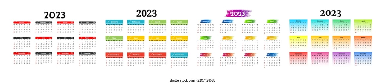 Set of four calendars for 2023 isolated on a white background. Sunday to Monday, business template. Vector illustration