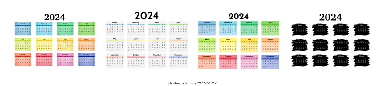 Set of four calendars for 2024 isolated on a white background. Sunday to Monday, business template. Vector illustration