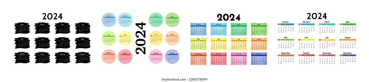 Set of four calendars for 2024 isolated on a white background. Sunday to Monday, business template. Vector illustration