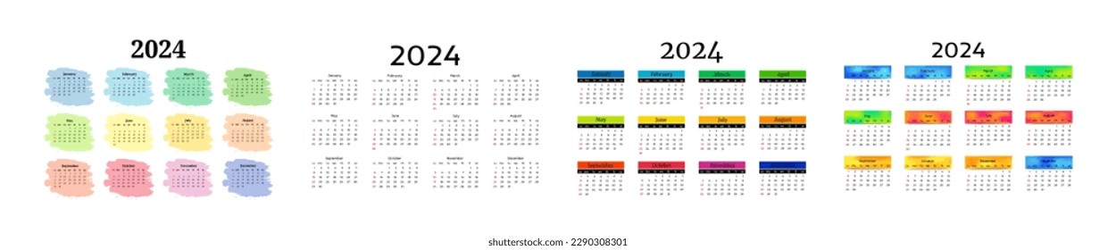 Set of four calendars for 2024 isolated on a white background. Sunday to Monday, business template. Vector illustration