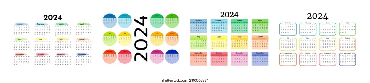 Set of four calendars for 2024 isolated on a white background. Sunday to Monday, business template. Vector illustration