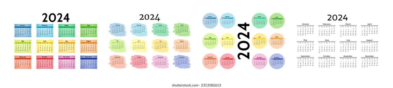 Set of four calendars for 2024 isolated on a white background. Sunday to Monday, business template. Vector illustration