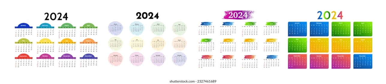 Set of four calendars for 2024 isolated on a white background. Sunday to Monday, business template. Vector illustration