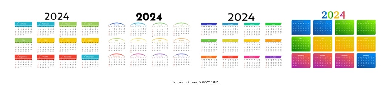 Set of four calendars for 2024 isolated on a white background. Sunday to Monday, business template. Vector illustration