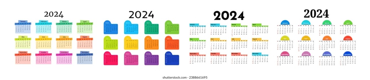 Set of four calendars for 2024 isolated on a white background. Sunday to Monday, business template. Vector illustration