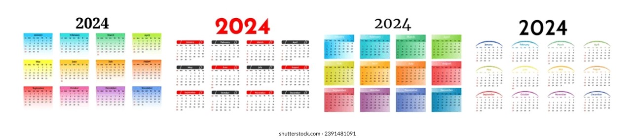 Set of four calendars for 2024 isolated on a white background. Sunday to Monday, business template. Vector illustration