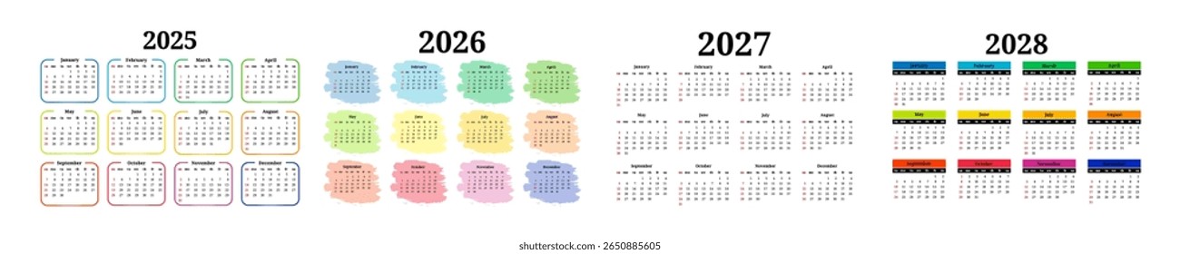 Set of four calendars for 2025, 2026, 2027 and 2028 years