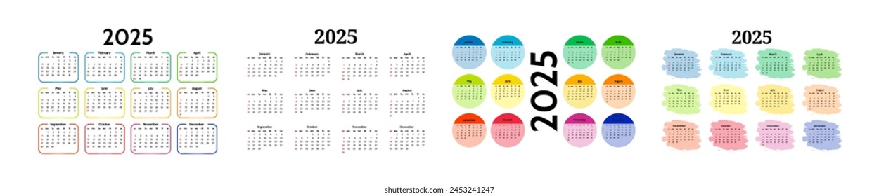 Set of four calendars for 2025 isolated on a white background. Sunday to Monday, business template. Vector illustration