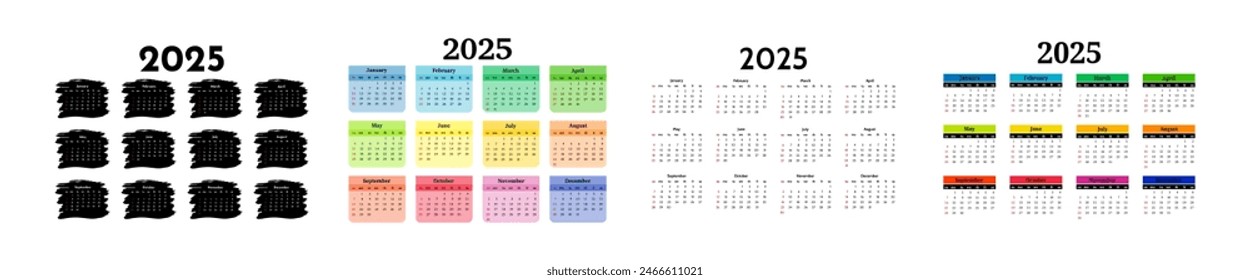 Set of four calendars for 2025 isolated on a white background. Sunday to Monday, business template. Vector illustration