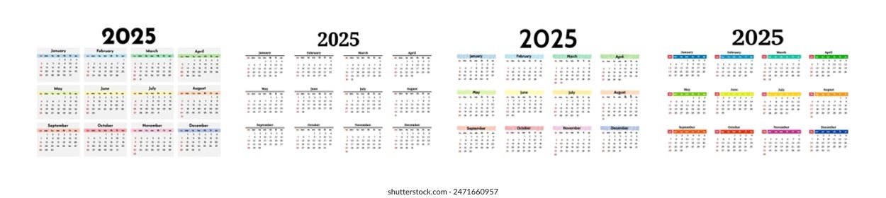 Set of four calendars for 2025 isolated on a white background. Sunday to Monday, business template. Vector illustration